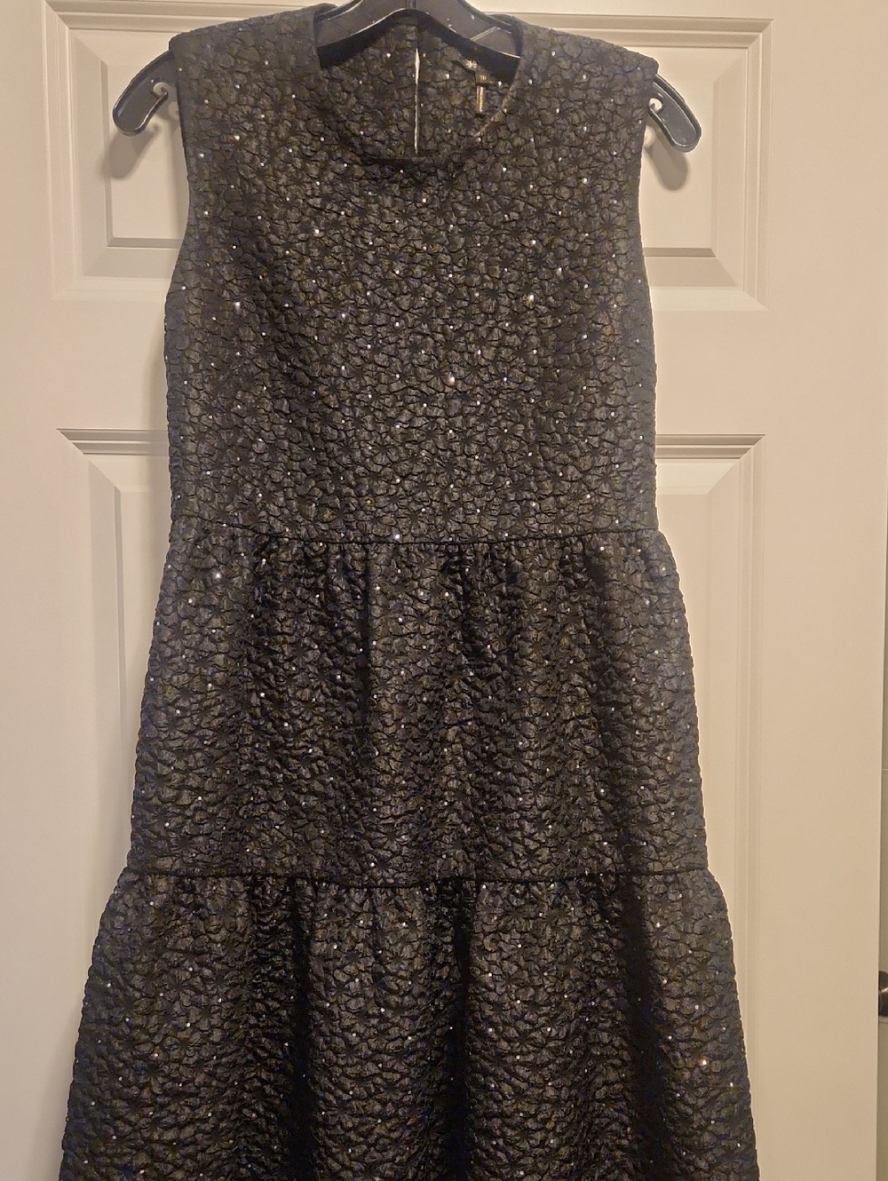 Maje Black Textured Sparkle Tiered Sleeveless Midi Dress